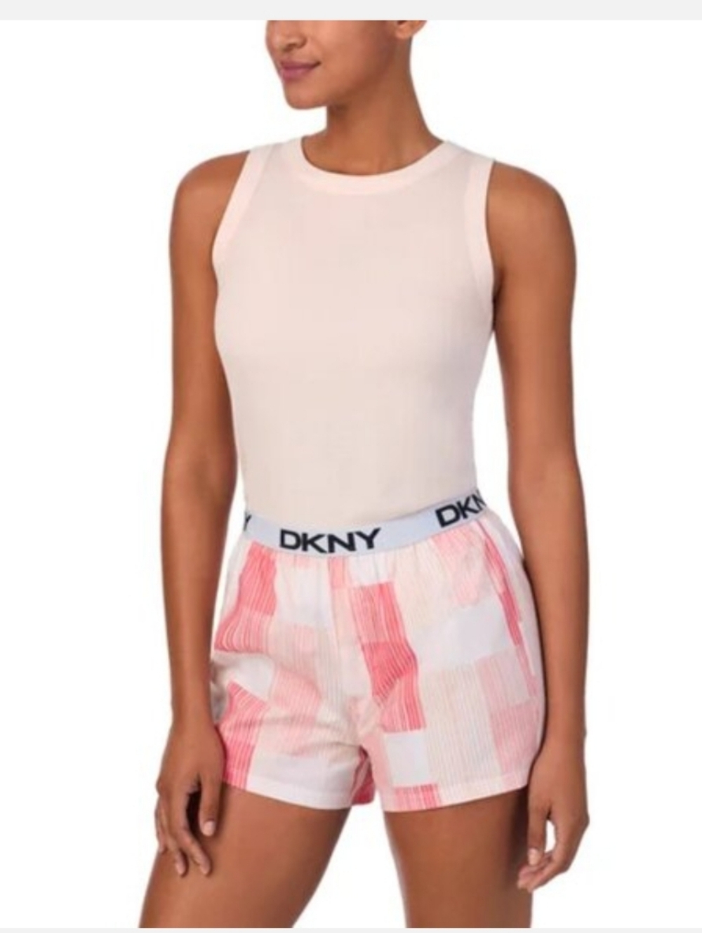 DKNY Pink & White Patchwork Athletic Lounge Shorts